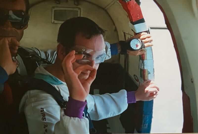 Mike Gow on the plane, getting ready for the parachute jump