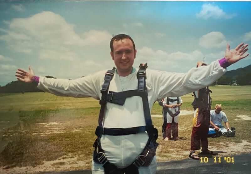 Mike Gow - exhilarated after his parachute jump