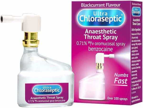 A spray with numbing action such as Ultra Chloraseptic spray (shown here) can help with the gag reflex